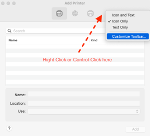 Screenshot or Apple add printer window, with arrow pointing at the blank space beside the toolbar icons, showing where to left click to gain access to the "Customize Toolbar" option