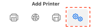 Screen shot of the Apple Add Printer window, the advanced icon (consisting of two gears) is highlighted