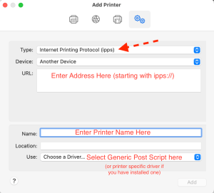Screenshot of Apple, advanced add printer window, showing where to enter, URL, Name and select the generic post script driver