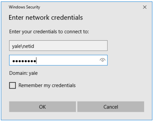 Windows log-in request showing Yale\netid 