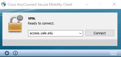 Screen shot of Cisco AnyConnect client with the server field filled in as access.yale.edu